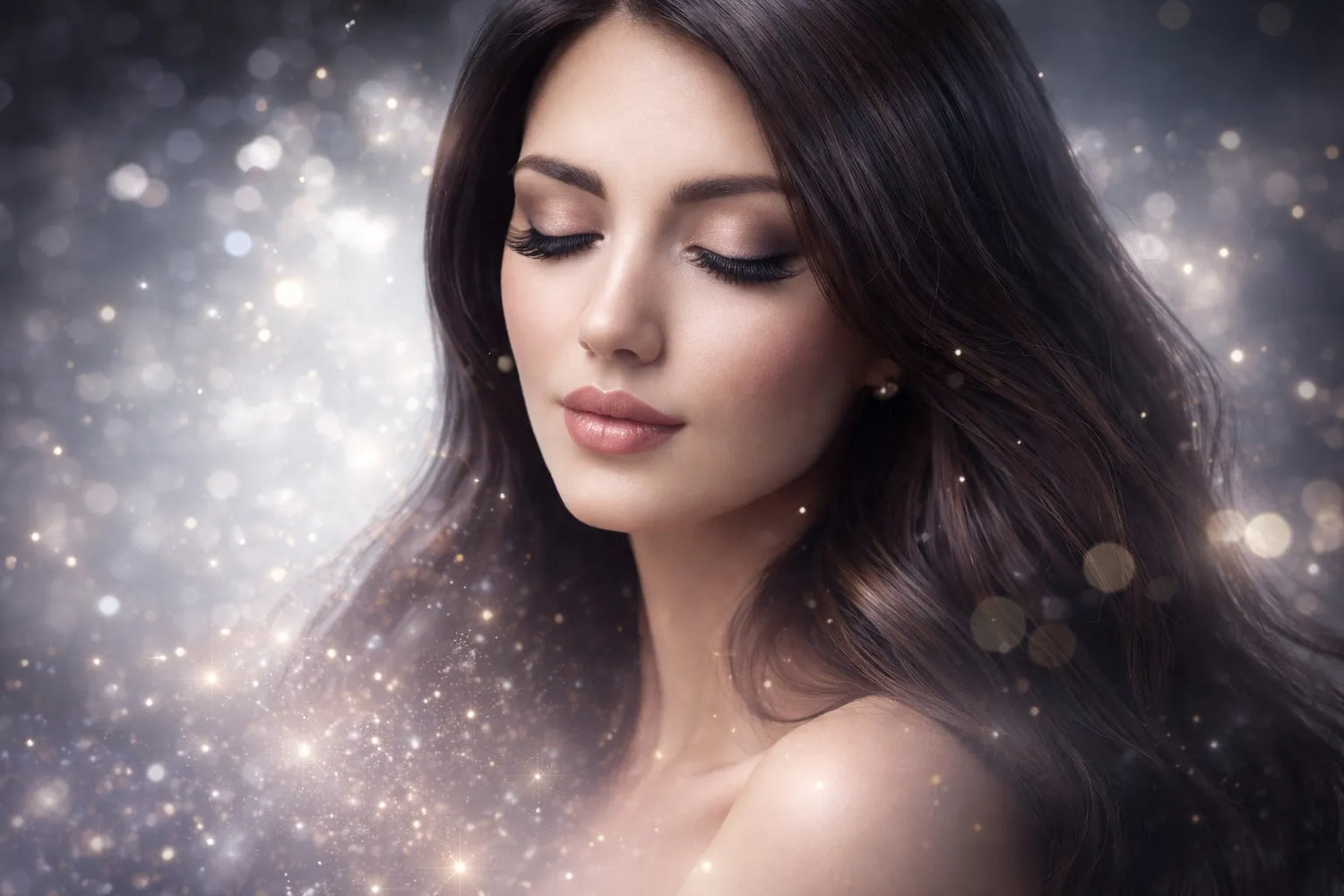 Natural long lashes and elegant makeup in a premium editorial beauty portrait focused on lash care